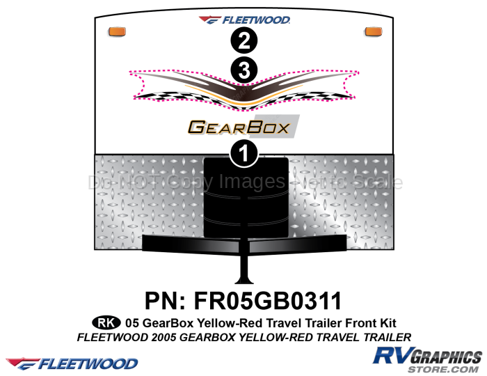 3 Piece 2005 Gearbox Travel Trailer Front Graphics Kit Yellow-Red Version