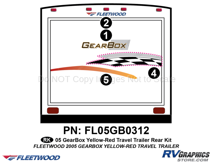 4 Piece 2005 Gearbox Travel Trailer Rear Graphics Kit Yellow-Red Version