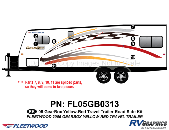 8 Piece 2005 Gearbox Travel Trailer Roadside Graphics Kit Yellow-Red Version