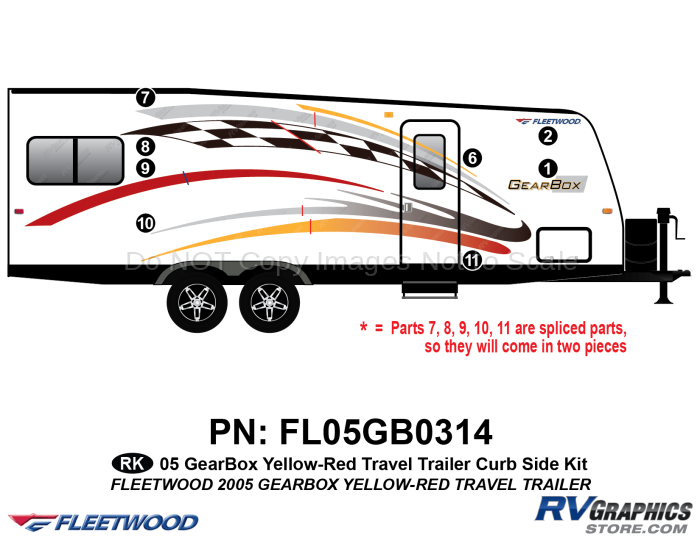 8 Piece 2005 Gearbox Travel Trailer Curbside Graphics Kit Yellow-Red Version
