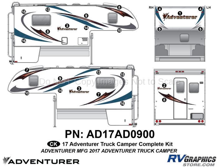 25 Piece 2017 Adventurer Truck Camper Complete Graphics Kit