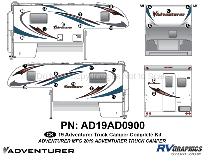 25 Piece 2019 Adventurer Truck Camper Complete Graphics Kit