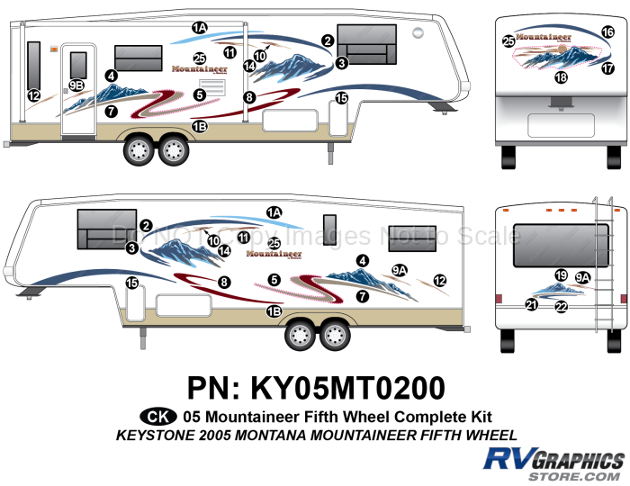 KY05MT0200 38 Piece 2005 Mountaineer Fifth Wheel Complete Graphics Kit