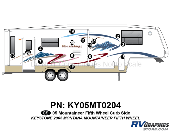 KY05MT0204 15 Piece 2005 Mountaineer Fifth Wheel Curbside Graphics Kit