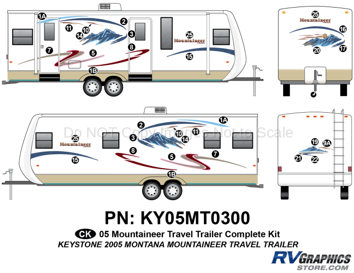 KY05MT0300 32 Piece 2005 Mountaineer Travel Trailer Complete Graphics Kit