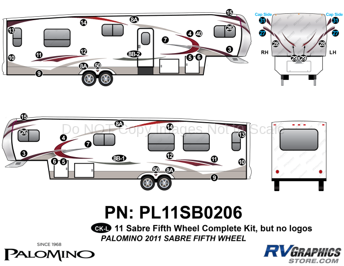 43 Piece 2011 Sabre Fifth Wheel Complete Graphics Kit-No Logos