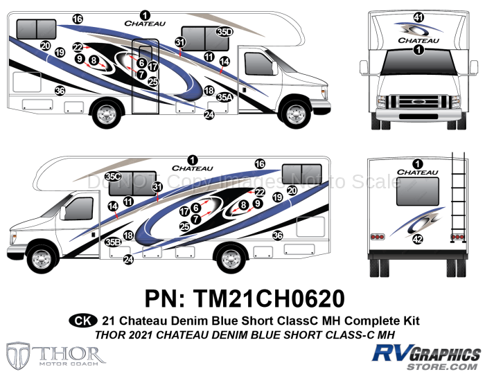42 Piece 2021 Chateau Motorhome Complete Graphics Kit Blue Version-Short Length