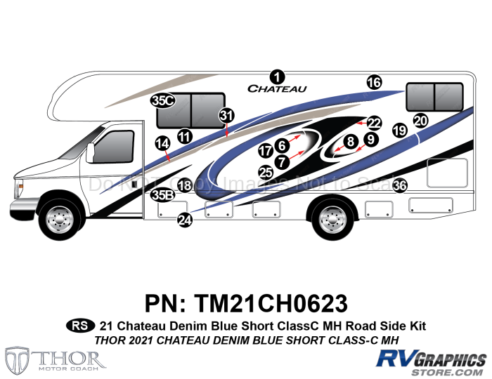 19 Piece 2021 Chateau Motorhome Roadside Graphics Kit Blue Version-Short Length