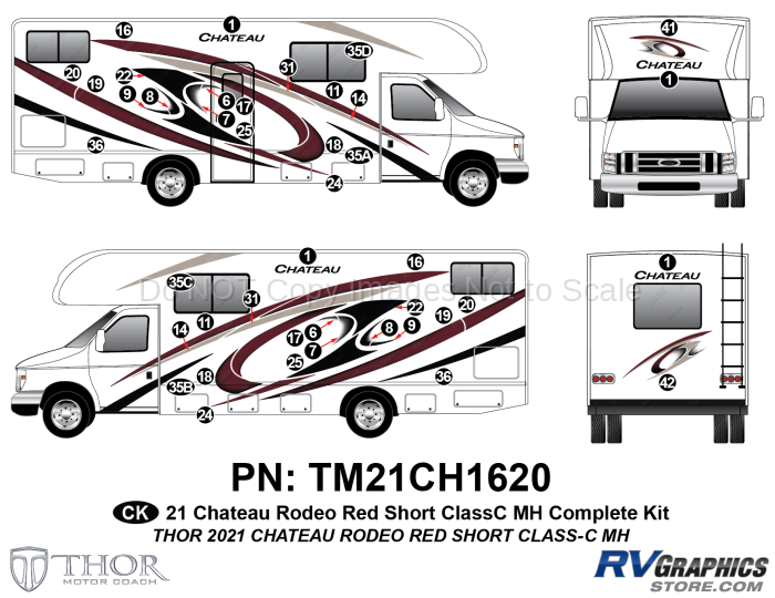 42 Piece 2021 Chateau Motorhome Complete Graphics Kit Red Version-Short Length