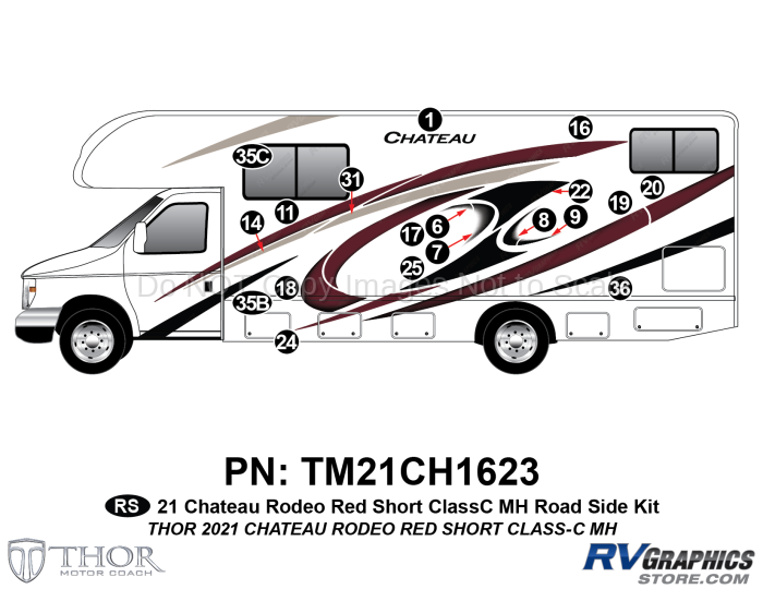 19 Piece 2021 Chateau Motorhome Roadside Graphics Kit Red Version-Short Length