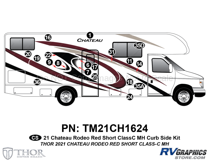 19 Piece 2021 Chateau Motorhome Curbside Graphics Kit Red Version-Short Length