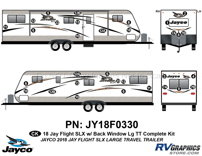 32 Piece 2018 Jay Flight SLX Long Travel Trailer Complete Graphics Kit-With Rear Window