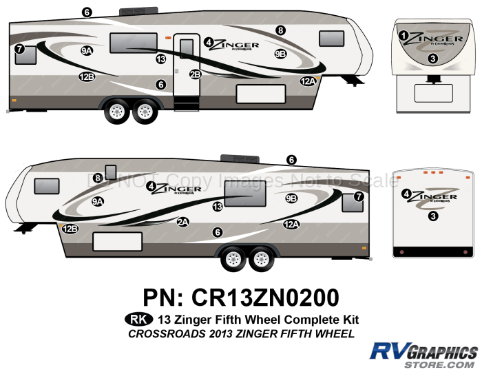 26 Piece 2013 Zinger Fiberglass Wall Fifth Wheel Complete Graphics Kit