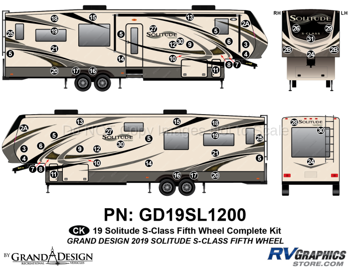 59 Piece 2019 Solitude S-Class Fifth Wheel Complete Graphics Kit