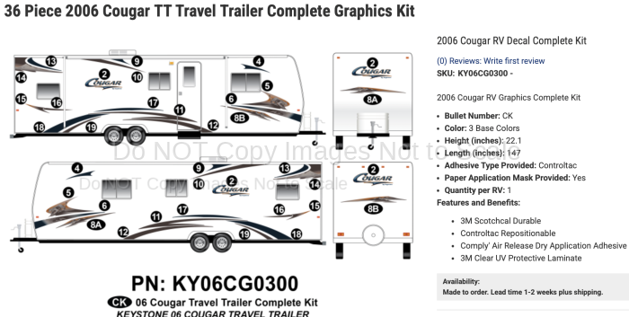 36 Piece 2006 Cougar TT Travel Trailer Complete Graphics Kit