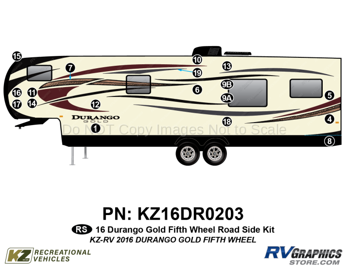 18 Piece 2016 Durango Gold Fifth Wheel Roadside RV Graphics Kit