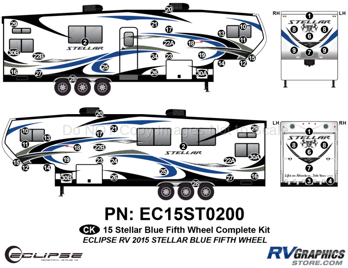 62 Piece 2015 Stellar Fifth Wheel Blue Version Complete Graphics Kit