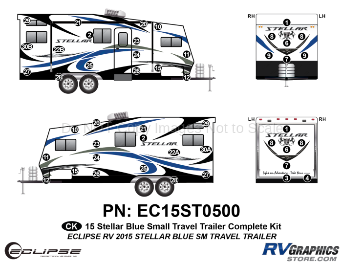 46 Piece 2015 Stellar Small Travel Trailer Blue Version Complete Graphics Kit