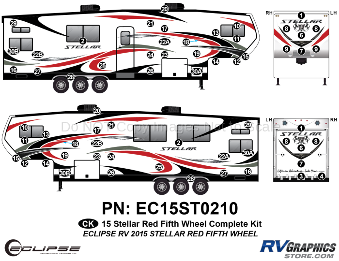 62 Piece 2015 Stellar Fifth Wheel Red Version Complete Graphics Kit