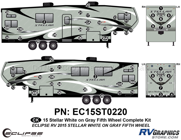 62 Piece 2015 Stellar Fifth Wheel White on Gray Version Complete Graphics Kit