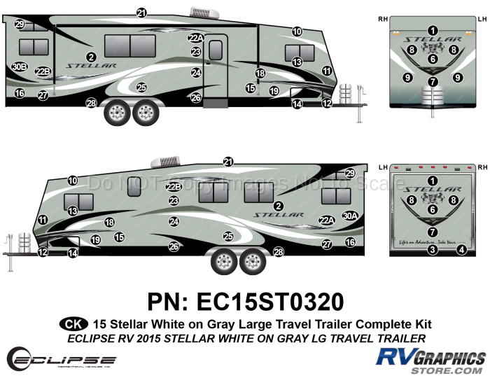 56 Piece 2015 Stellar Lg Travel Trailer White on Gray Version Complete Graphics Kit