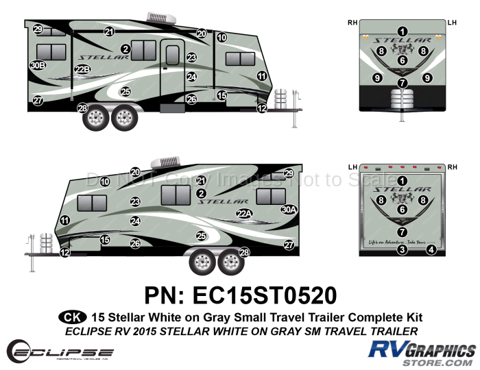46 Piece 2015 Stellar Small Travel Trailer White on Gray Version Complete Graphics Kit