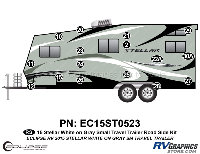 16 Piece 2015 Stellar Small Travel Trailer White on Gray Version Roadside Graphics Kit