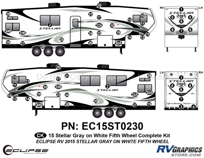 62 Piece 2015 Stellar Fifth Wheel Gray on White Version Complete Graphics Kit