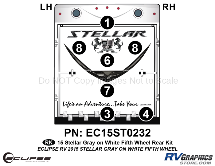 7 Piece 2015 Stellar Fifth Wheel Gray on White Version Rear Graphics Kit