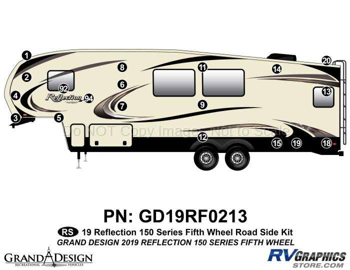 19 Piece 2019 Reflection 150 Series Fifth Wheel Roadside Graphics Kit