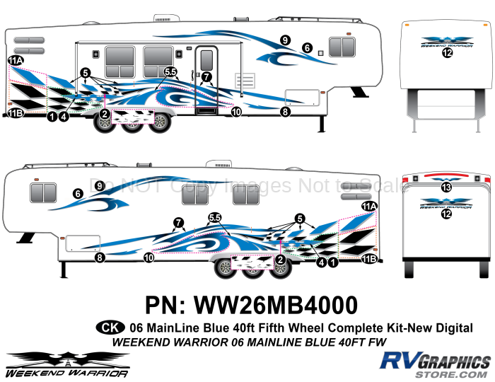 27 piece 2006 Warrior Mainline 40' FW BLUE Complete Graphics Kit-New Premium Digital