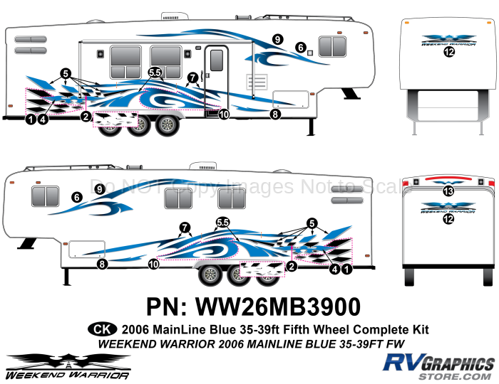 23 piece 2006 Warrior Mainline 39' FW BLUE Complete Graphics Kit-New Premium Digital
