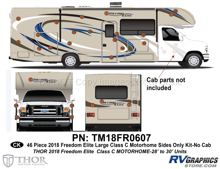 46 Piece 2018 Freedom Elite Lg Motorhome SIDES ONLY Graphics Kit-No Cab Pieces