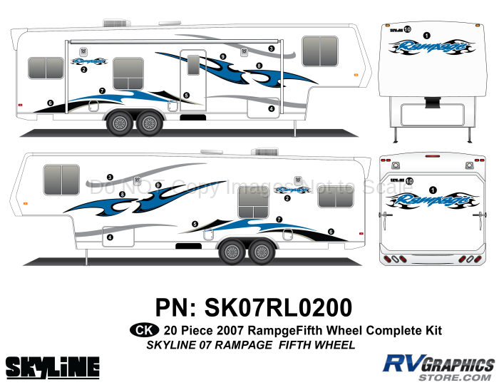 20 Piece 2007 Rampage Blue Fifth Wheel Complete Graphics Kit