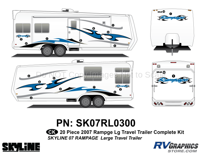 20 Piece 2007 Rampage Blue Large Travel Trailer Complete Graphics Kit