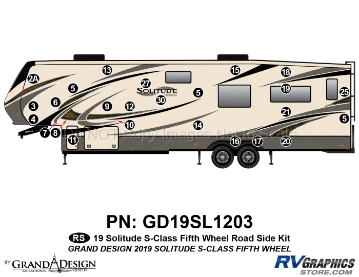 25 Piece 2019 Solitude S-Class Fifth Wheel Roadside Graphics Kit