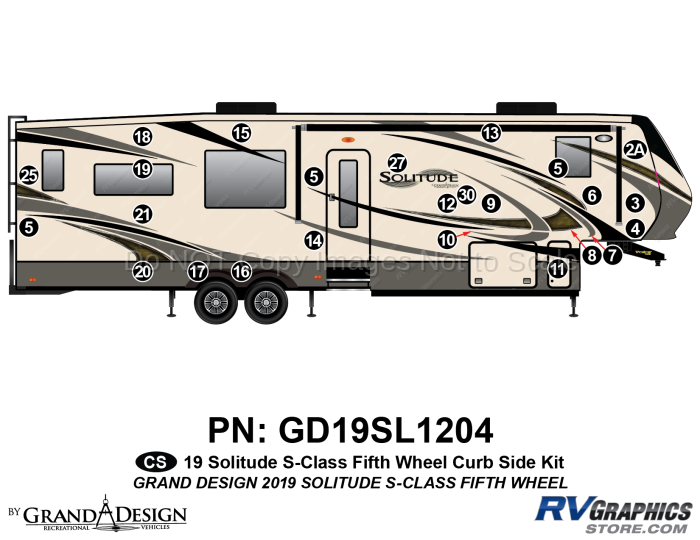 25 Piece 2019 Solitude S-Class Fifth Wheel Curbside Graphics Kit