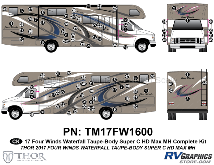 93 Piece 2017 Four Winds Motorhome Blue on Taupe Wall Complete Graphics Kit