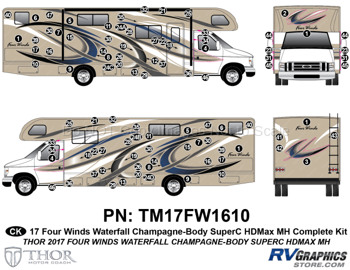 93 Piece 2017 Four Winds Motorhome Blue on Tan Wall Complete Graphics Kit