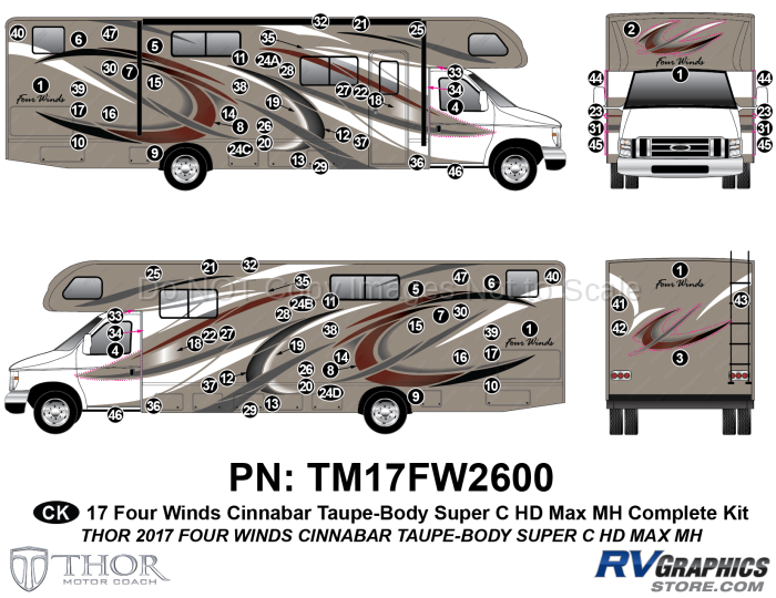 93 Piece 2017 Four Winds Motorhome Red on Taupe Wall Complete Graphics Kit