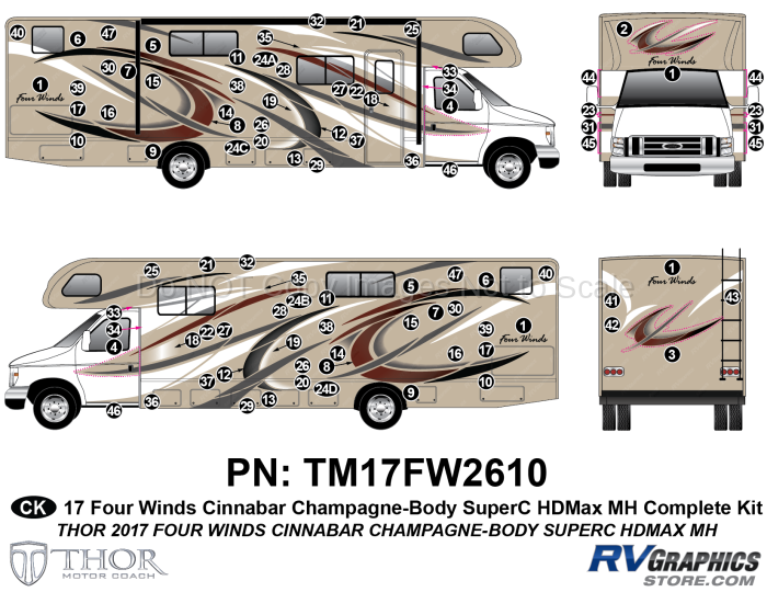 93 Piece 2017 Four Winds Motorhome Red on Tan Wall Complete Graphics Kit
