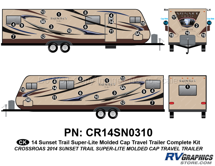 40 Piece 2014 Sunset Trail Molded Cap Travel Trailer Complete Graphics Kit