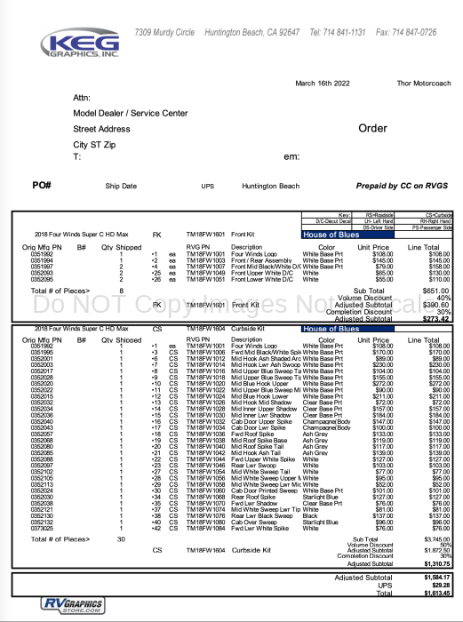 38 Piece 2018 4 Winds Completion Quote