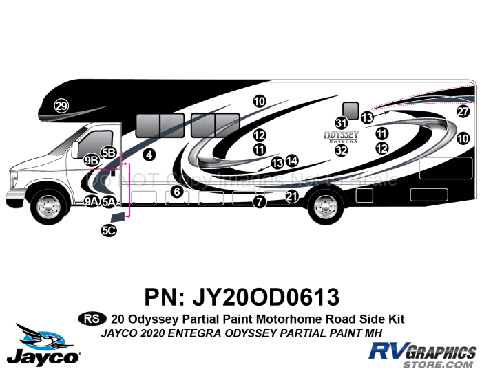 22 Piece 2020 Odyssey Partial Paint Motorhome Roadside Graphics Kit