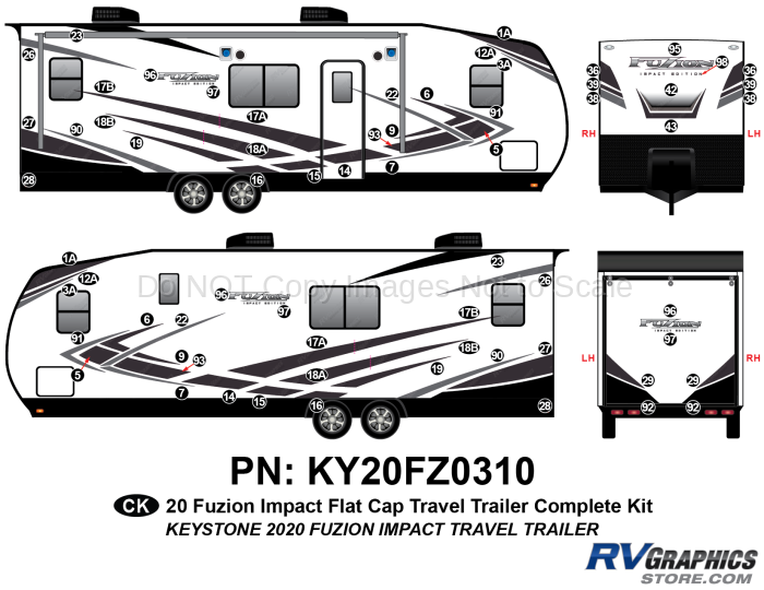 62 Piece 2020 Fuzion Impact Flat Cap Travel Trailer Complete Graphics Kit