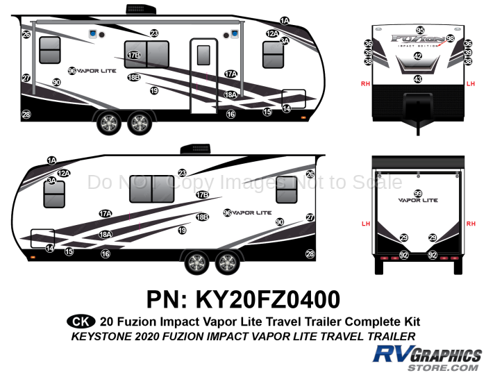 45 Piece 2020 Fuzion Impact Vapor Lite Travel Trailer Complete Graphics Kit
