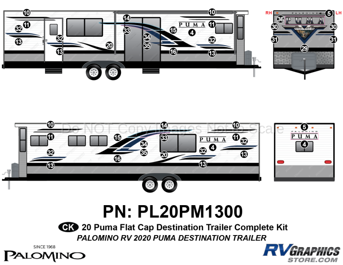 45 Piece 2020 Puma Destination Flat Cap Travel Trailer Complete Graphics Kit