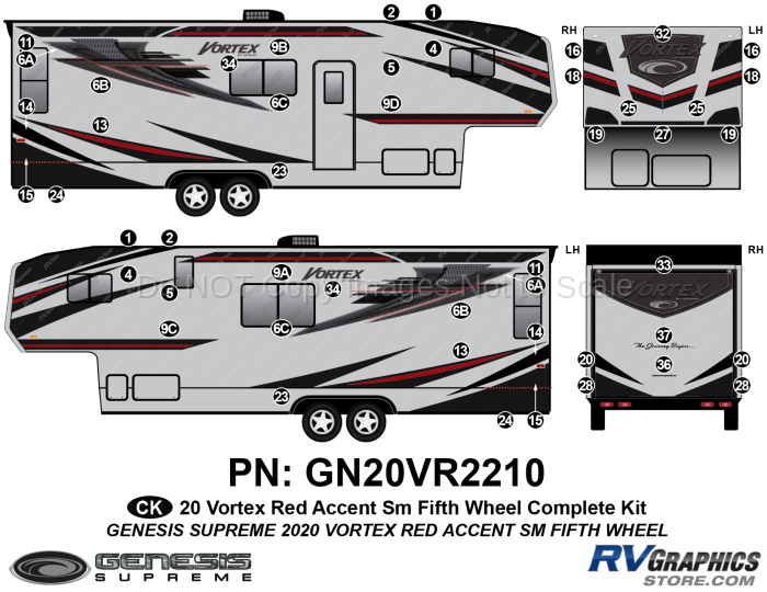 47 Piece 2020 Vortex SMALL Fifth Wheel Complete Graphics Kit-RED Combination