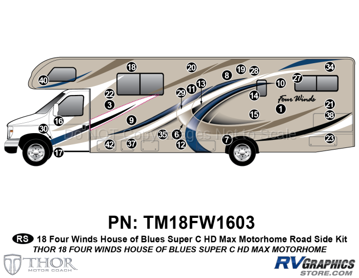 33 Piece 2018 Four Winds MH Blue on Tan Body Roadside Graphics Kit