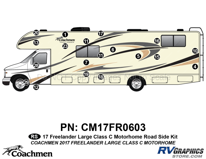 19 Piece 2017 Freelander Long Motorhome Roadside Graphics Kit